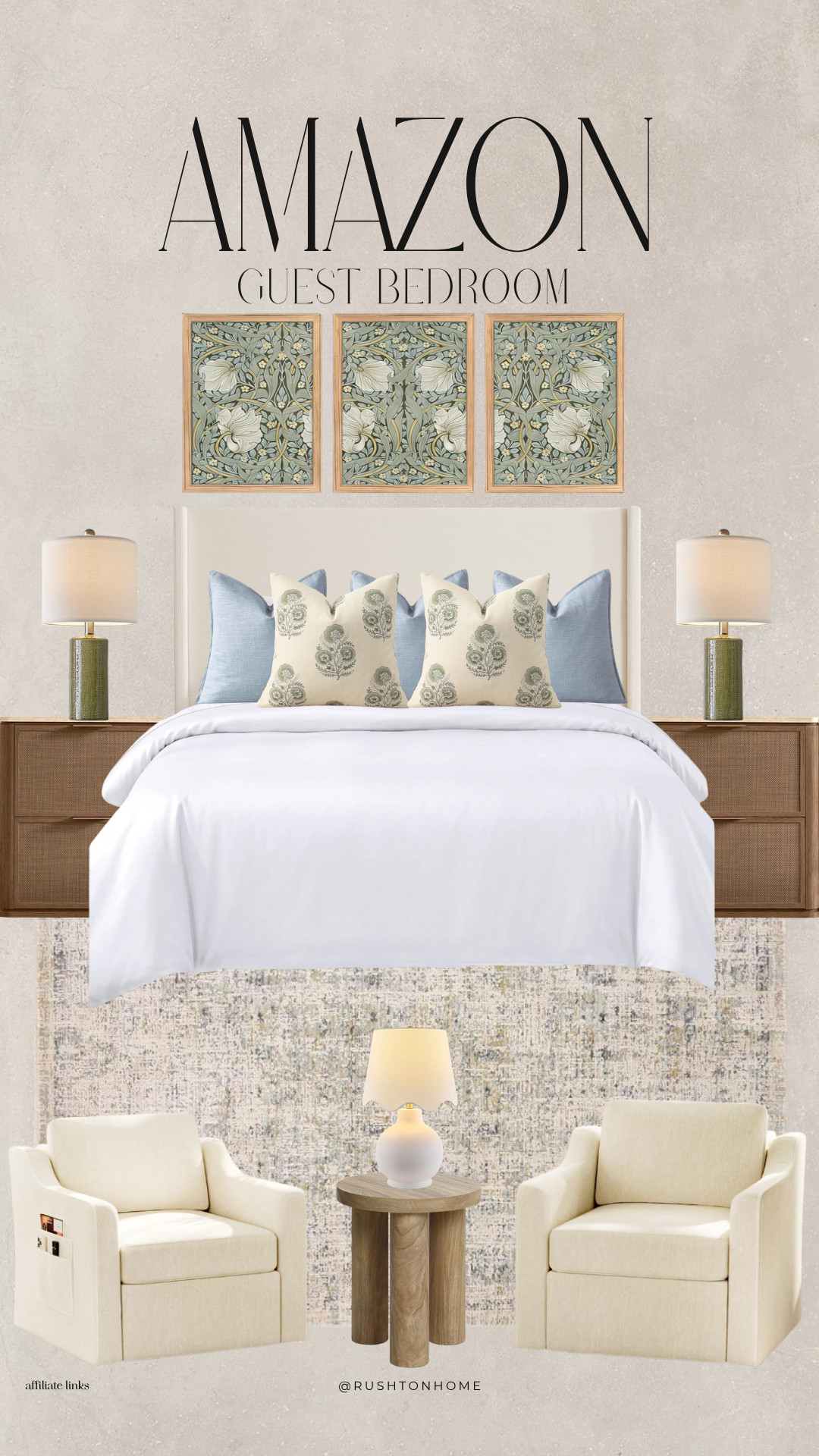 Amazon Guest Bedroom
guest bedroom ideas, guest room decor, guest bedroom styling, upholstered bed, cane nightstands, blue accent pillows, decorative throw pillows, bedside table lamps, framed wall art, botanical artwork, area rug, accent chairs, swivel chairs, round side table, neutral bedroom decor, cozy guest room, traditional bedroom style, cottage inspired bedroom, designer look for less, Amazon home finds, bedroom furniture, layered bedding, home decor inspiration 

 #LTKHome #LTKSaleAlert