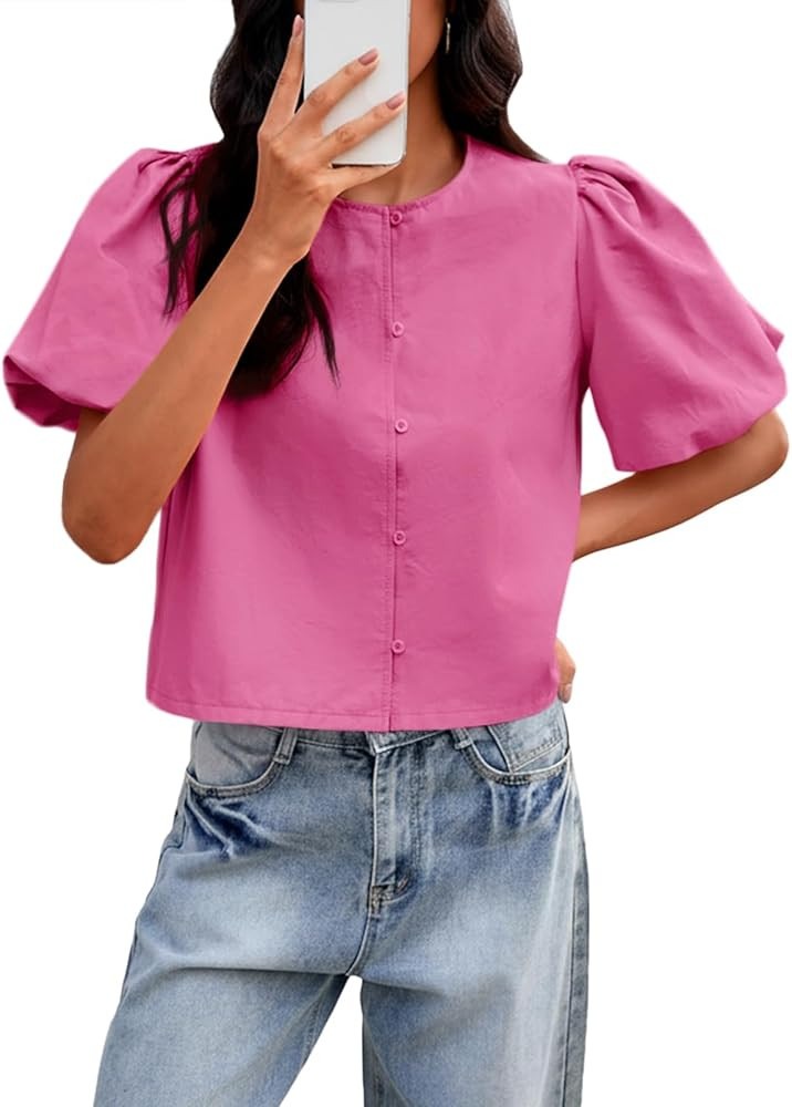 Tankaneo Womens Cropped Tops Puff Sleeve Button Down Shirts Trendy Casual Loose Fit Cute Blouse | Amazon (US)