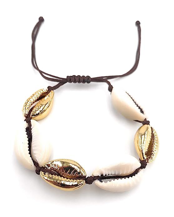 LESLIE BOULES Fashion Bracelet Natural Cowrie Shell Gold Plated Bead Adjustable Size | Amazon (US)