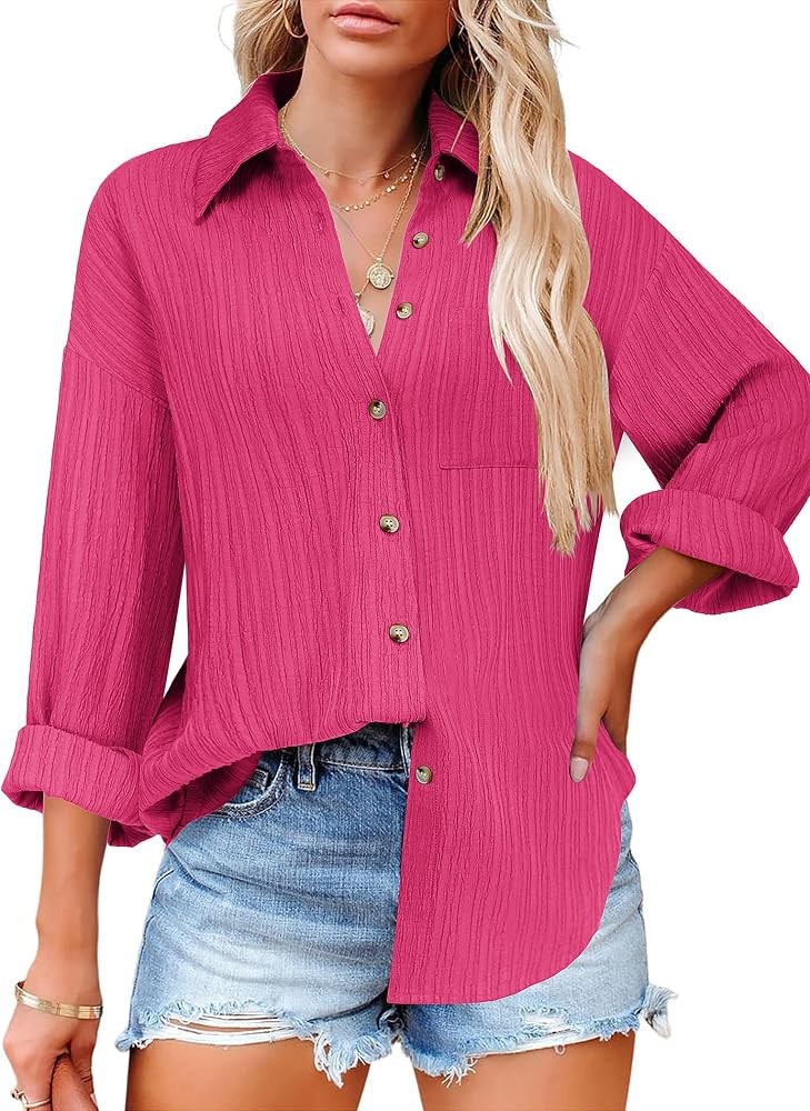 HOTOUCH Womens Button Down Shirts Long Sleeve Dress Shirt Textured Collared Work Blouse Dressy Ca... | Amazon (US)
