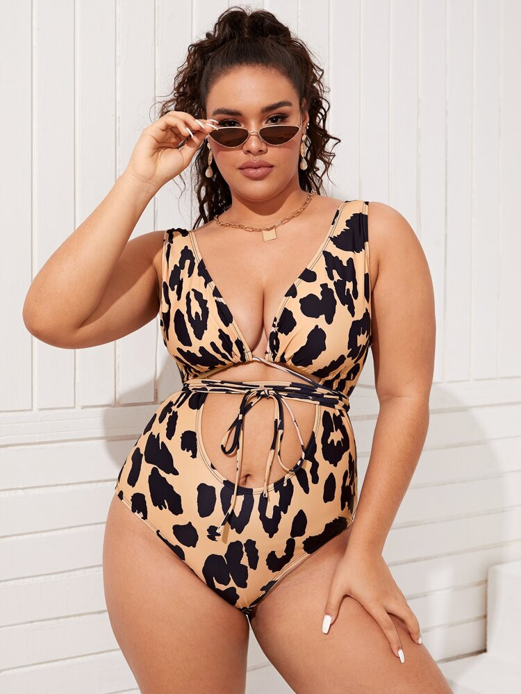 Plus Leopard Cut Out One Piece Swimsuit | SHEIN