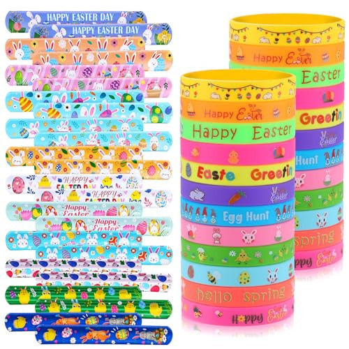 xutengy 48Pcs Easter Party Favors Decorations Slap Bracelets Rubber Wristbands for Kids Girls Boys，Easter Basket Stuffers Easter Egg Fillers Gifts for Toddlers | Amazon (US)
