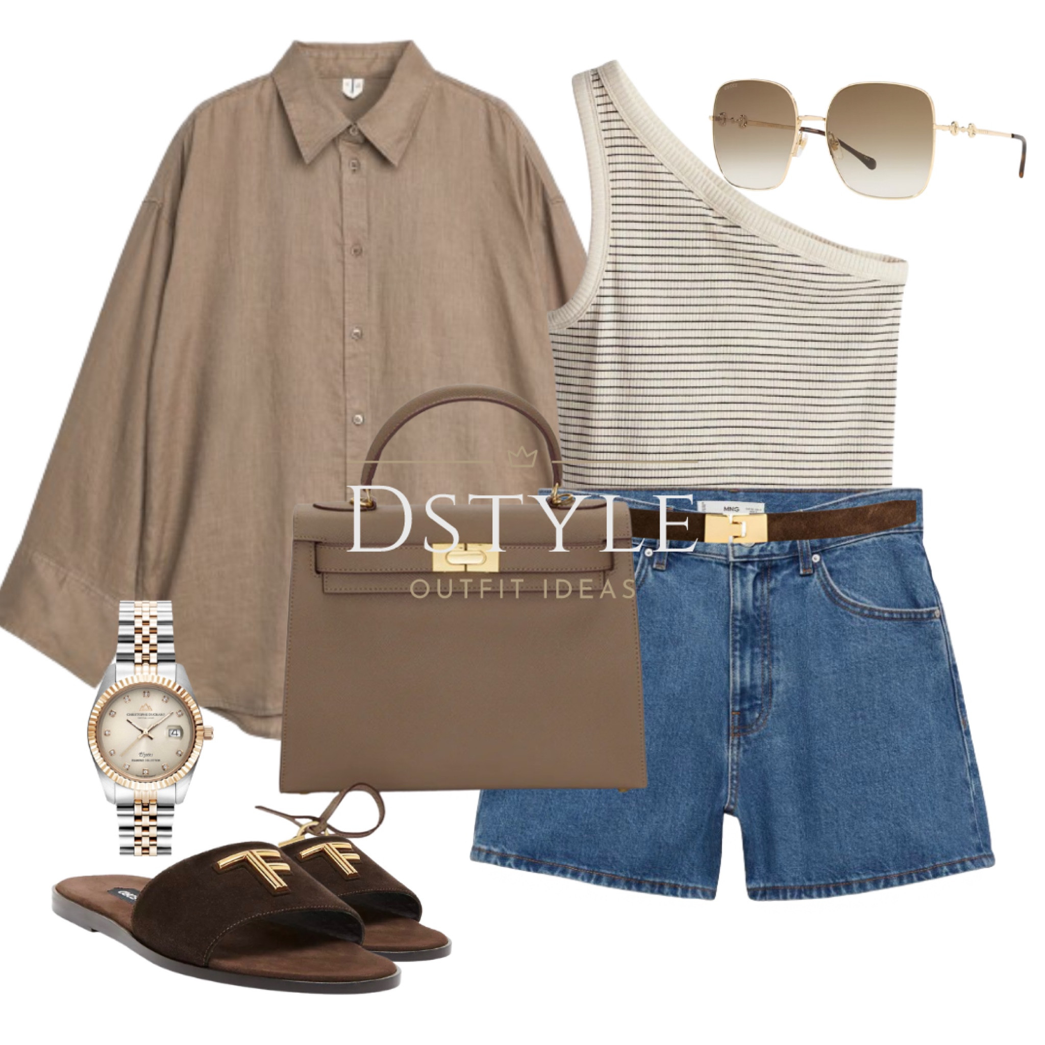 Loose linen shirt, ribbed one-shoulder top, denim shorts, brown suede slides, brown suede belt, watch - Christophe Duchamp - Enjoy 85% OFF at checkout by using my discount code dstyle85 

Neutral look, summer outfit, ootd, easy fit

#LTKitbag #LTKshoecrush #LTKstyletip