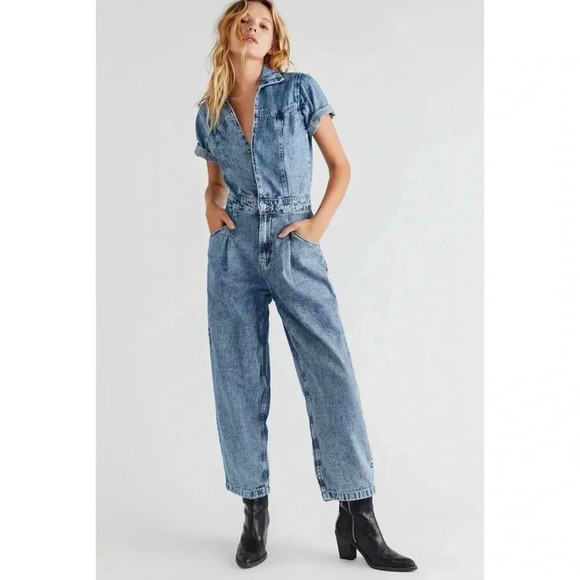 Free People We The Free Marla Trouser Denim Jumpsuit Jean One Piece Blue One Pie | Poshmark