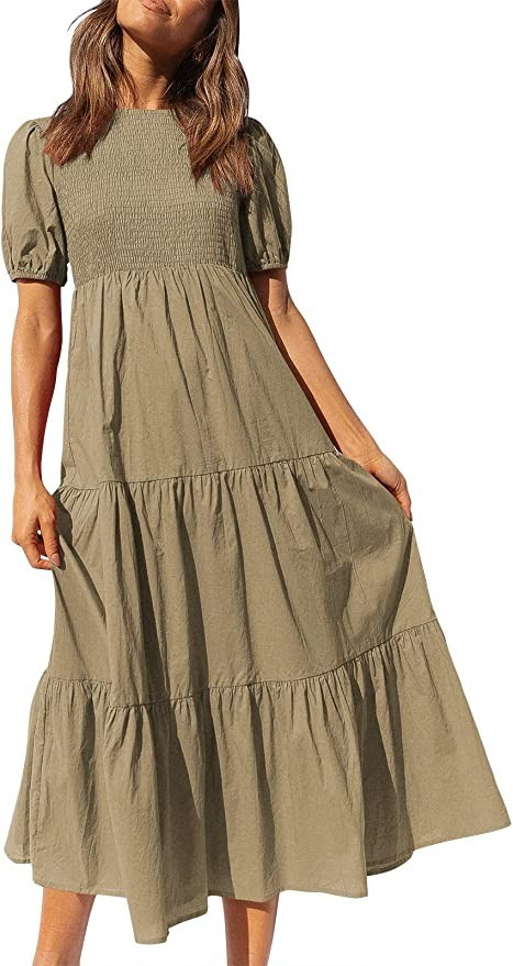 LOGENE Women Short Sleeve Crew Neck Smocked Elastic Waist Tiered Maxi Dress Summer Boho Solid Col... | Amazon (US)