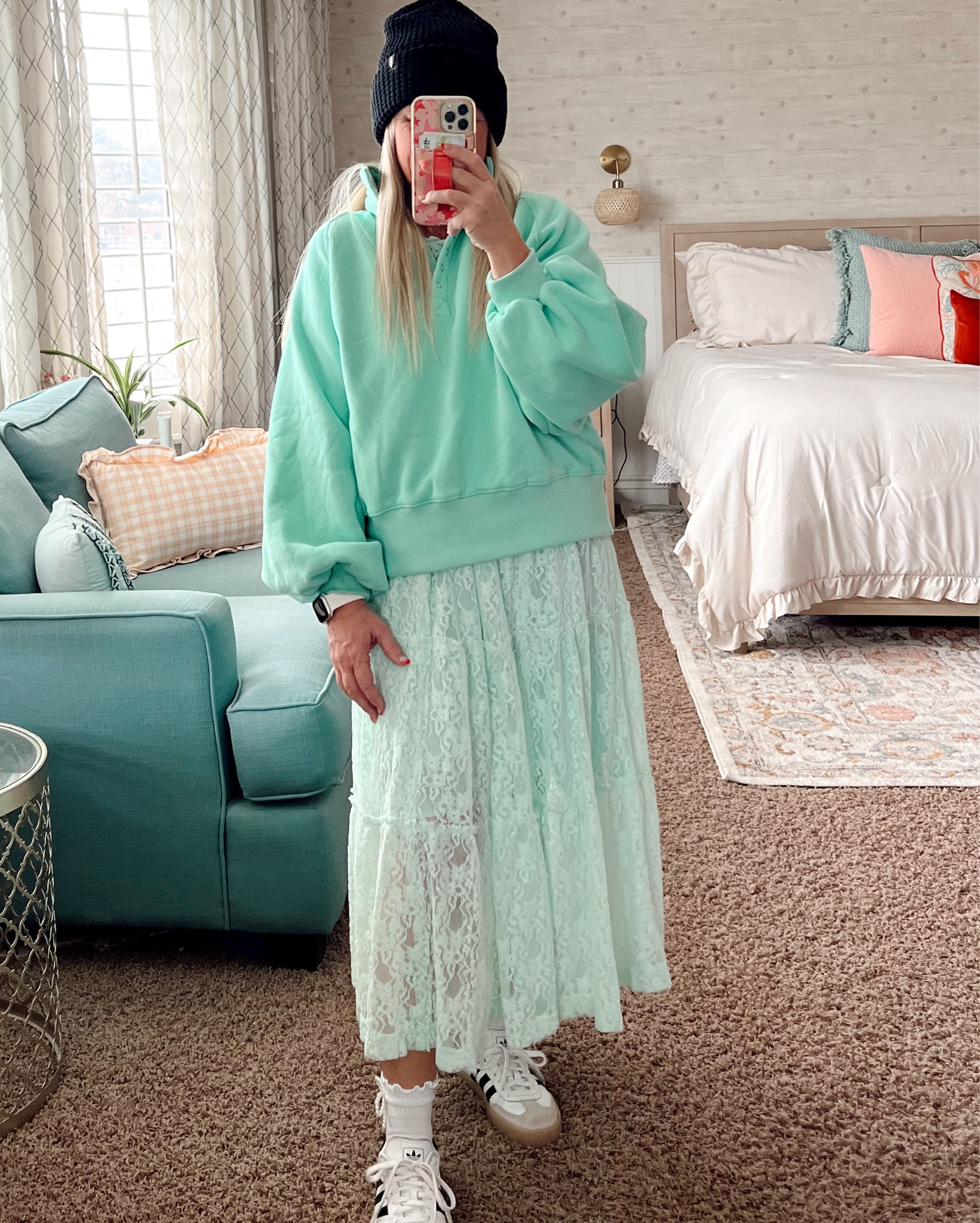 Part 4! 👀 Last, but back to my favorite vibe! Back to my favorite look, but this time with a beanie and a closer look at the fun bow socks ! *Message me for exact link to my dress! 👗 
.

#ootd #ootdfashion #amazonfashion #amazoninfluencer #momstyle #momstyleinspo #over40fashion #affordablefashion #newlook #flatteringfit #utahfashion #momfashion #momootd #casualfashion #errandfashion #workathomefashion #over40style #streetwear #casualstreetwear #ldsfashion #modestfashion #laceskirt #mint #adidas #skirtandsneakers