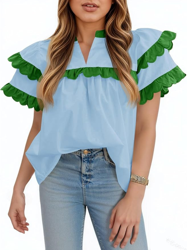 Tankaneo Womens Ruffle Sleeve Babydoll Tops Color Block Summer V Neck Pleated Blouse Dressy Casua... | Amazon (US)
