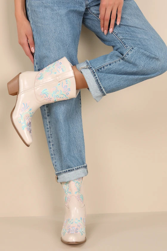 Birgitta Bone Embroidered Western Ankle Boots | Lulus