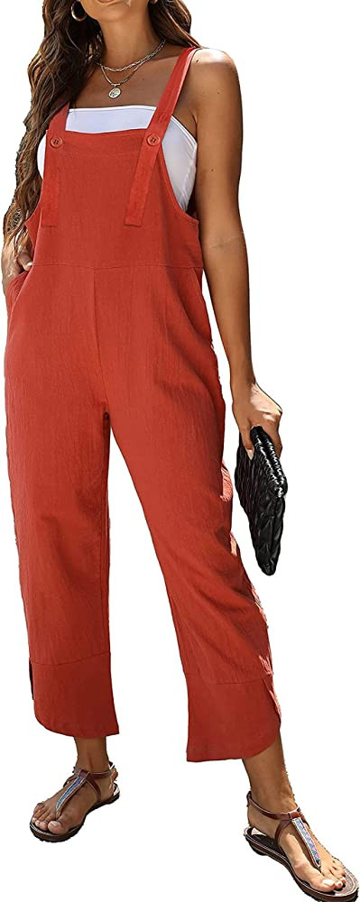 Daacee Womens Fashion Sleeveless Cotton Linen Black Overalls Baggy Tulip Capri Jumpsuits with Poc... | Amazon (US)