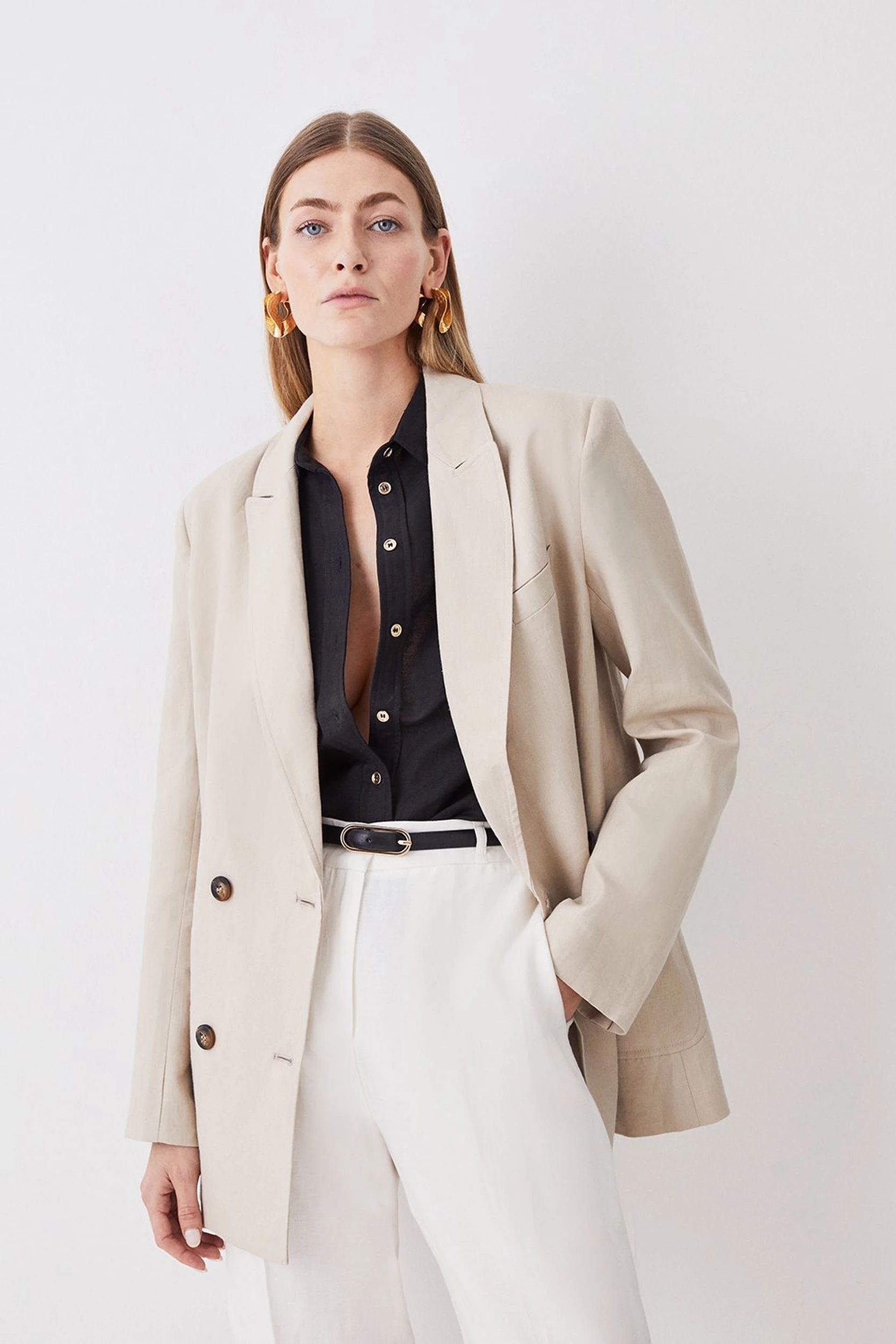 Linen Double Breasted Pocket Detail Blazer | Karen Millen UK + IE + DE + NL