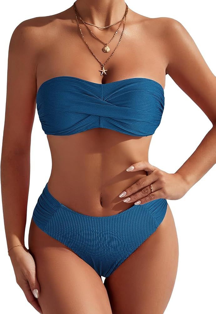 ZAFUL Women's Strapless Twist Bandeau Bikini 2 Piece Swimwear Cheeky Solid Lace up Bathing Suits | Amazon (US)