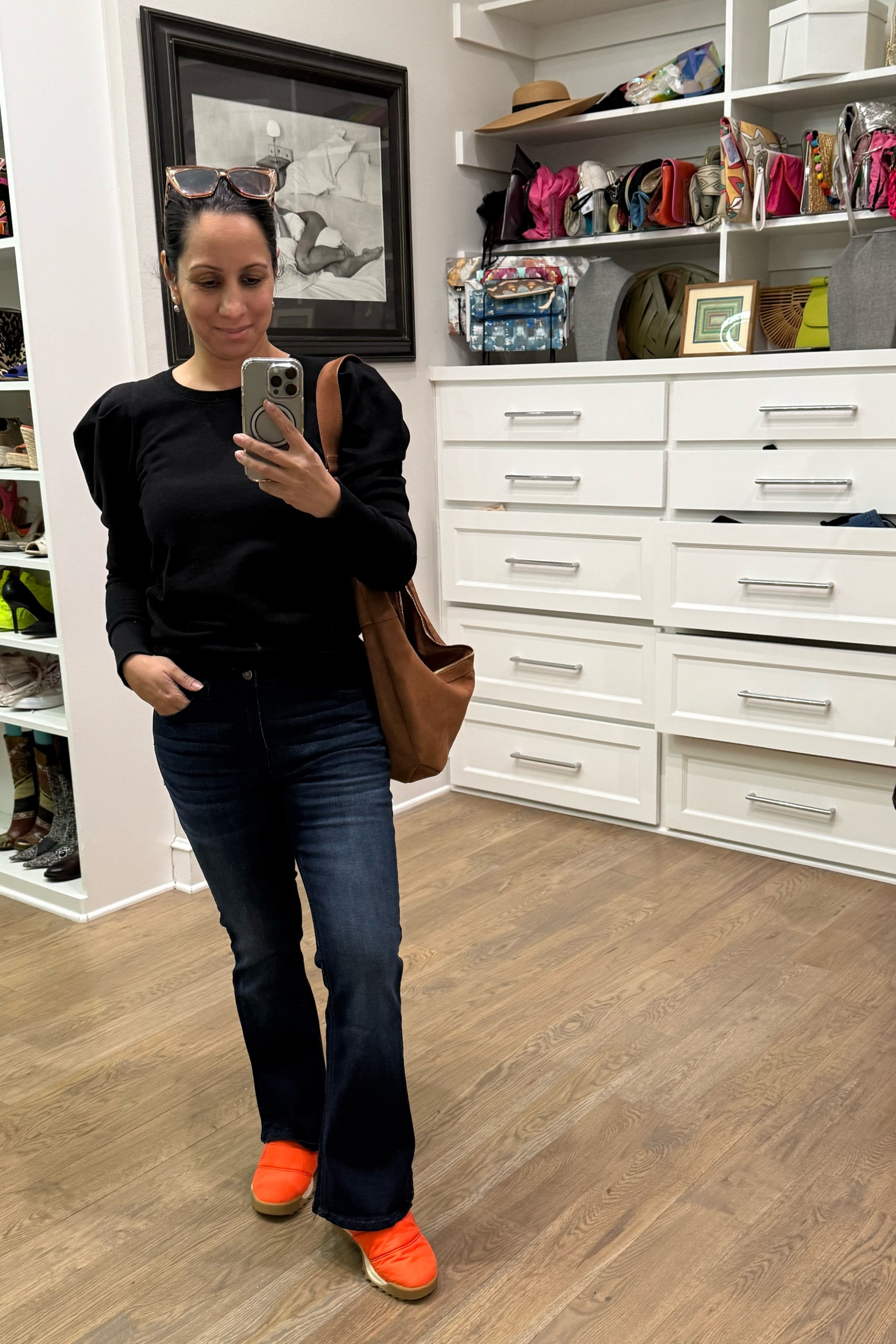 Puff sleeve sweatshirt, boot cut jeans, and puff shoes that are warm and comfortable. 

#waterproofshoes #linedshoes 

#LTKShoeCrush #LTKOver40 #LTKSeasonal
