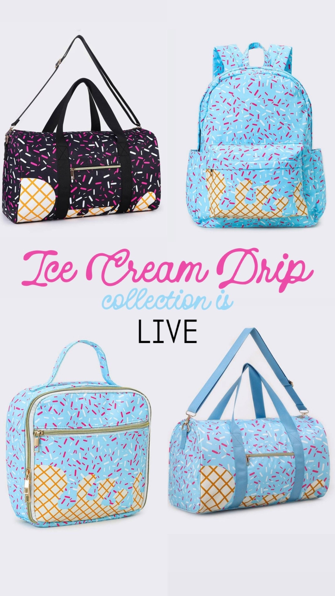 Ice cream drip collection 
Kids accessories 
Duffle bag, backpack, lunch box, weekender 
Baseball lifestyle vibes 

#LTKKids #LTKTravel #LTKmomlife