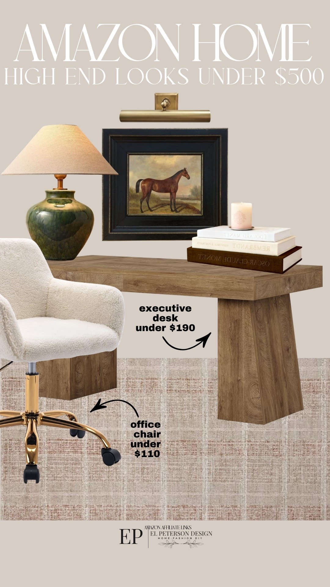 Amazon
Executive desk
Office chair
Artwork
Picture light
Table lamp
Decorative books 

#LTKhome