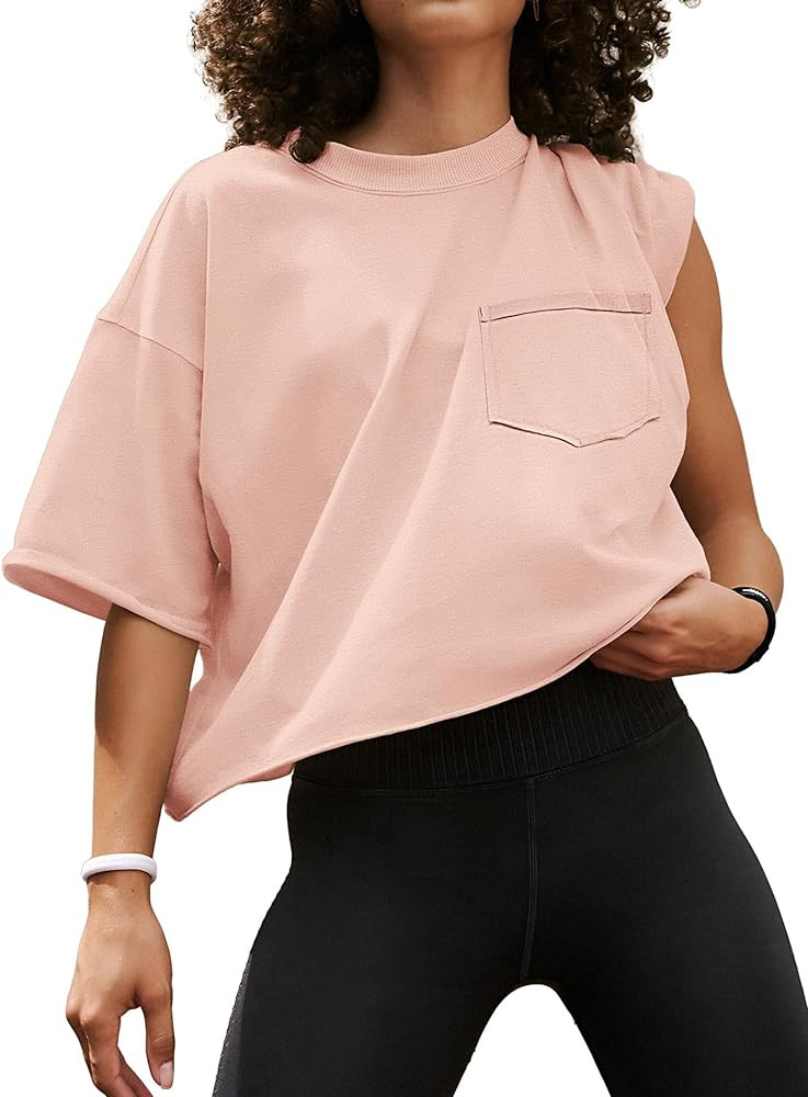 ATHMILE Womens Oversized T-Shirts Short Sleeve Workout Crop Tops Casual Drop Shoulder Boxy Roll H... | Amazon (US)