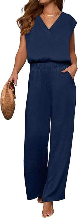 ANRABESS Conjunto de 2 piezas de verano para mujer, parte superior con cuello en V y pantalones d... | Amazon (US)