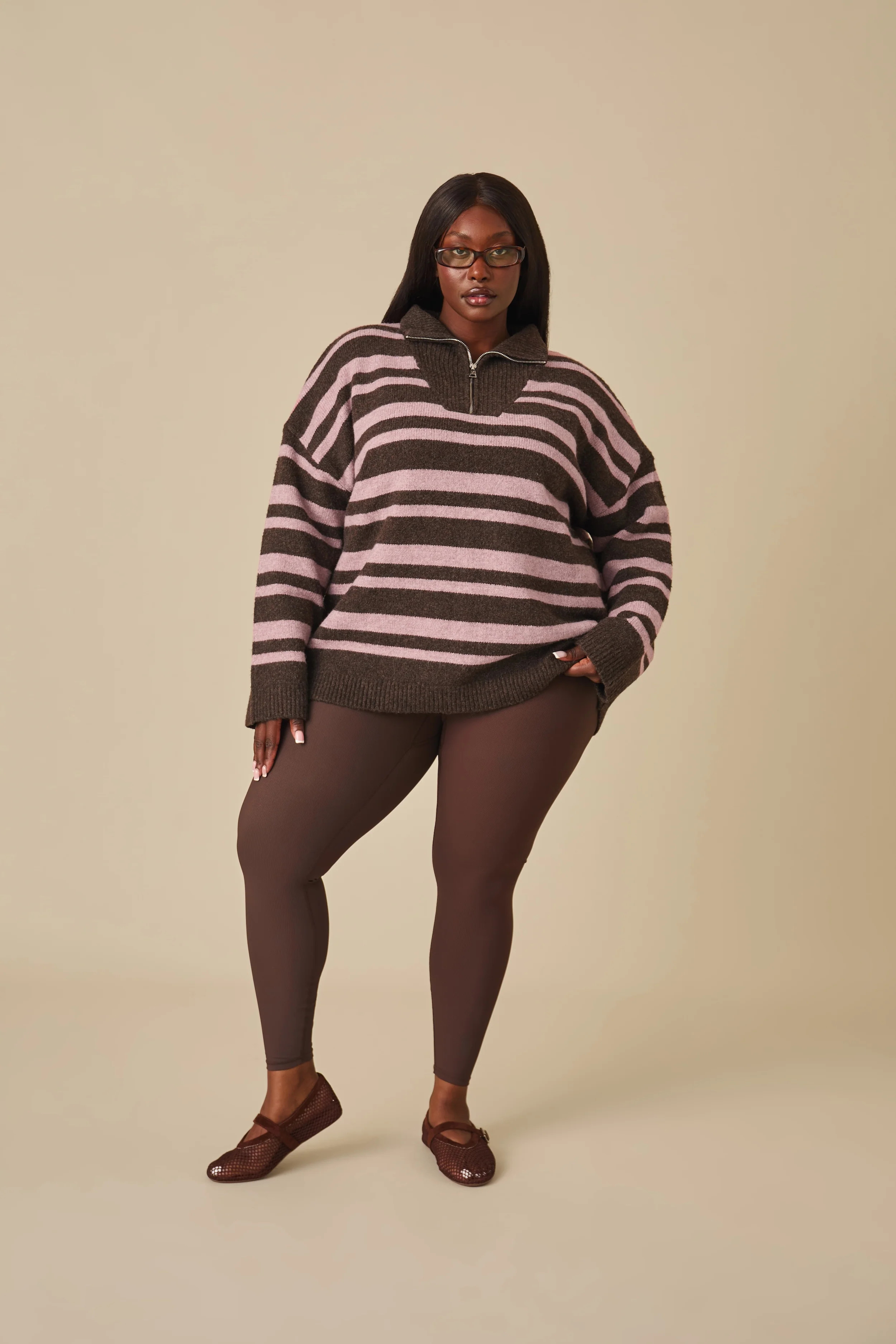 Oversized Stripe Quarter Zip Knitted Jumper - Vintage Pink | Reasn