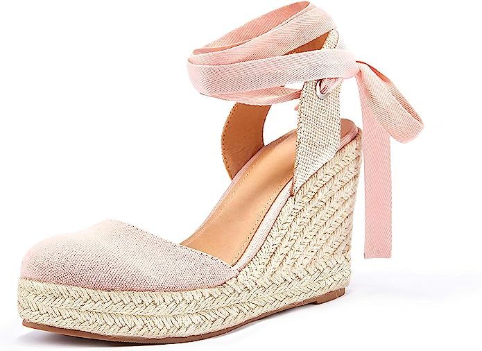 Nailyhome Womens' Espadrille Wedge Closed Toe Platform Lace Up Ankle Wrap Summer Sandals | Amazon (US)