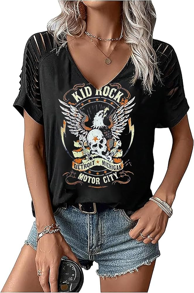Rock Band T-Shirt for Women V-Neck Country Music Short Sleeved Shirt Retro Nashville Guitar Graph... | Amazon (US)