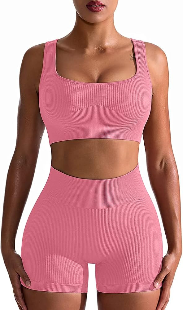OQQ Workout Outfits for Women 2 Piece Seamless Ribbed High Waist Leggings with Sports Bra Exercis... | Amazon (US)