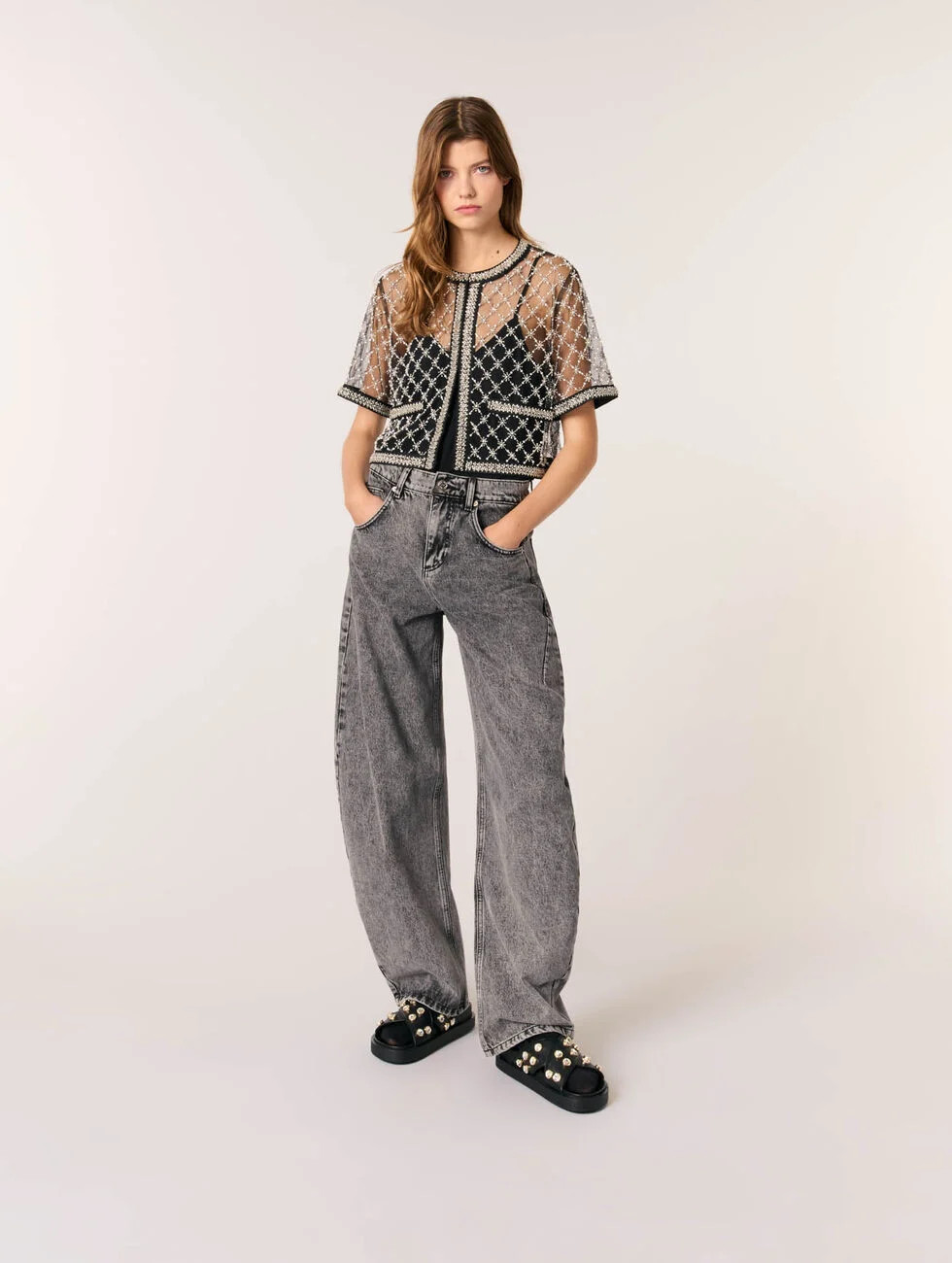 Embroidered tulle top Black / Gray for Women | Maje | Maje US