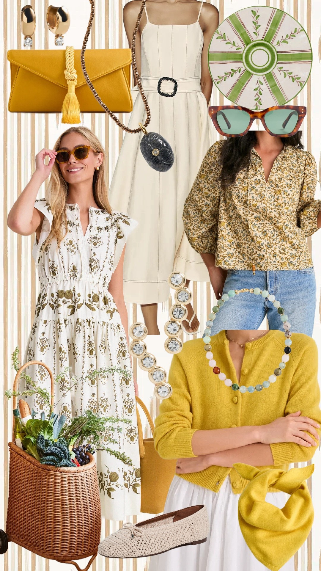 Marigold Love from @Tuckernuck @Zara @Shopbop !

Dresses

* White midi dress with contrast stitching and square neckline
* Olive & cream block-print tiered midi dress

Tops

* Olive floral blouse with puff sleeves
* Chartreuse/yellow cashmere cardigan

Bottoms

* White full midi skirt
* Light-wash straight-leg jeans

Accessories

* Mustard yellow tassel envelope clutch
* Mustard yellow shoulder bag
* Oversized tortoiseshell square sunglasses
* Amber cat-eye sunglasses
* Gold huggie earrings with diamond drop
* Gold crystal statement bracelet
* Multi-stone beaded necklace
* Long brown beaded necklace
* Black carved oval pendant necklace
* Mustard knotted scarf

Shoes

* Cream woven ballet flats

Home & Lifestyle

* Green and white ribbon motif decorative dinner plate
* Large wicker market basket
* Fresh market vegetables (kale, herbs, grapes, greens)