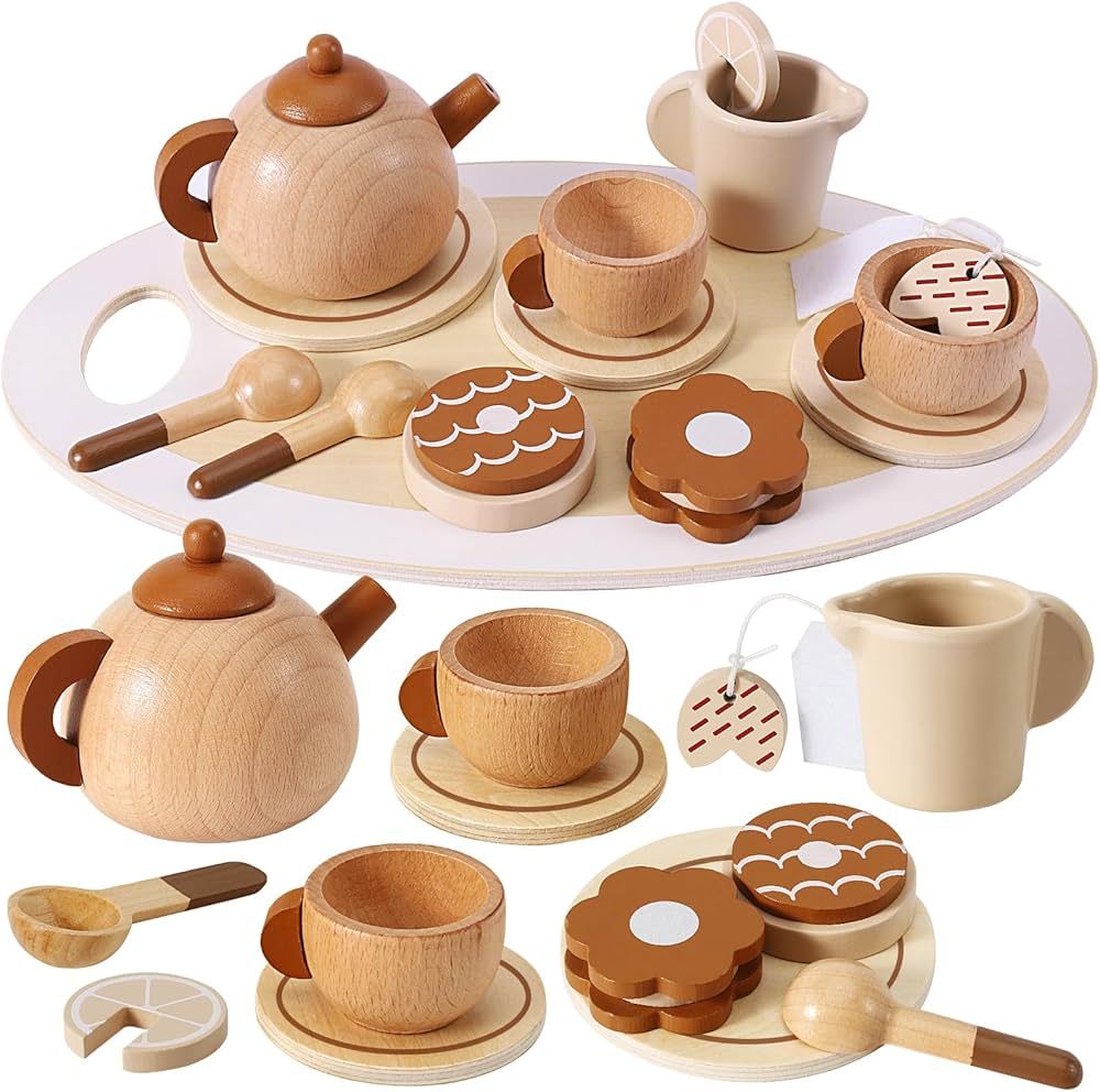 HERSITY Tea Set Toddler Wooden Food Play Toys Afternoon Tea Party Kids Kitchen Accessories Gifts ... | Amazon (US)