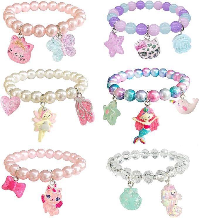 EleMirsa 6pcs Girls Unicorn Bracelets Rainbow Bracelet Girl Party Favor Pretend Play Bracelet for... | Amazon (US)