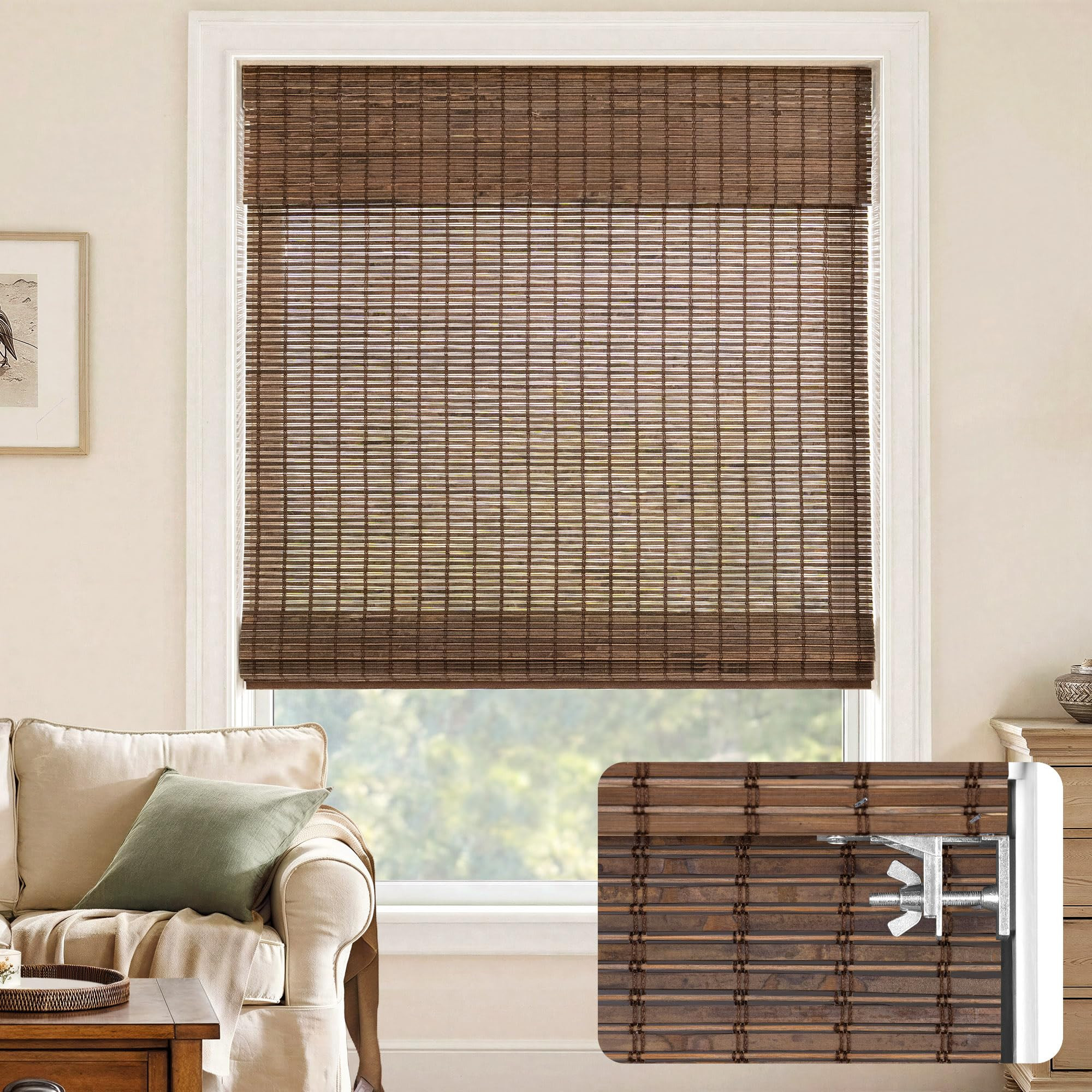 LazBlinds No-Drill Cordless Roman Shade - Light Filtering Natural Wood, Easy Install Bamboo Blind... | Amazon (US)