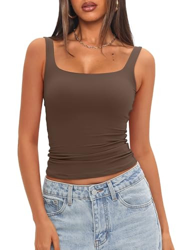 Darong Women's Padded Square Neck Tank Tops Built in Bra Summer Double Layer Basic Sleeveless Tan... | Amazon (US)