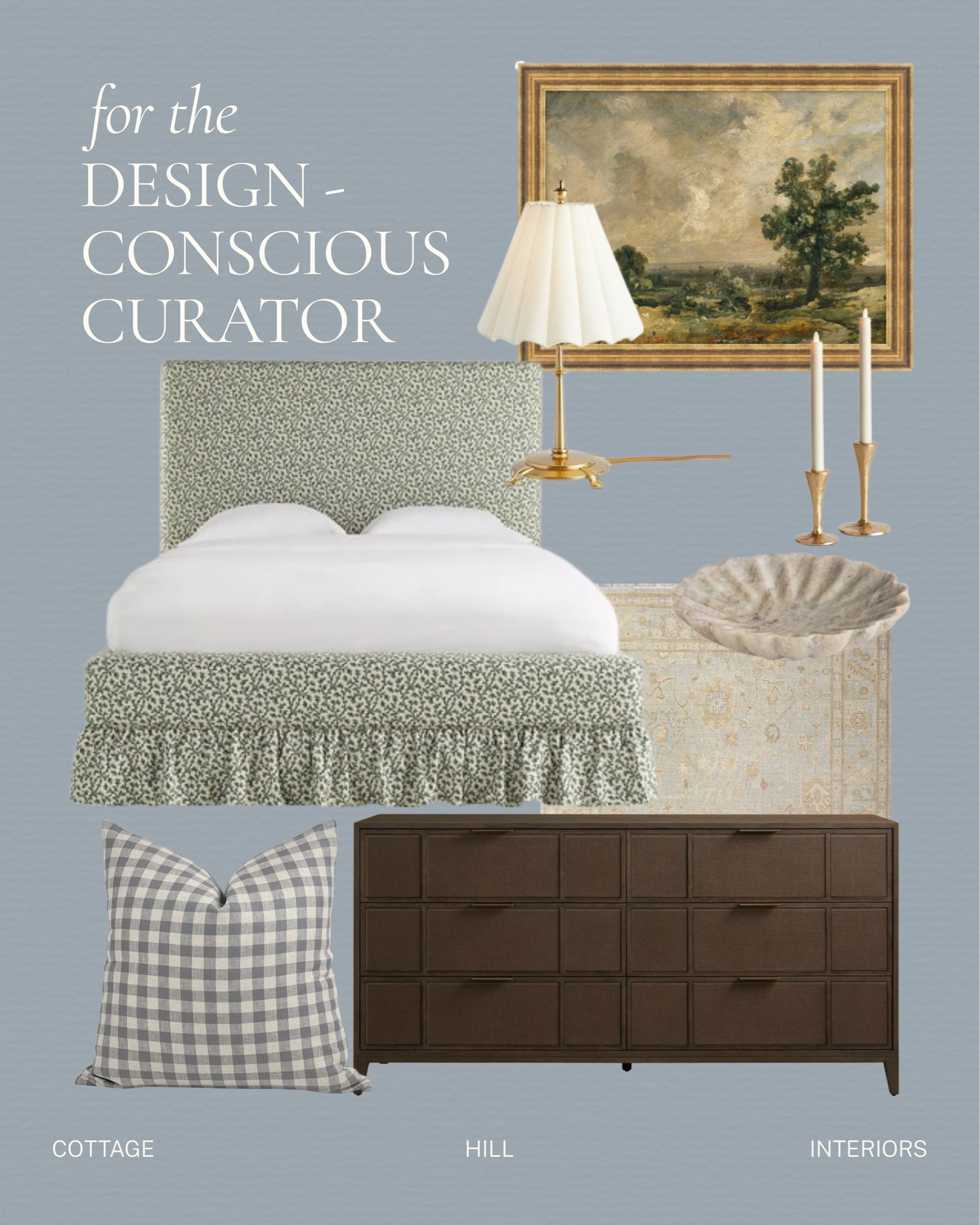 A bedroom with traditional roots and a little personality layered in.

A patterned bed, warm wood dresser, vintage-inspired rug, landscape art, brass lighting, and small collected details create a space that feels considered without feeling too coordinated.

Classic, comfortable, and meant to feel even better with time.

All linked here 🤍 #LTKhome