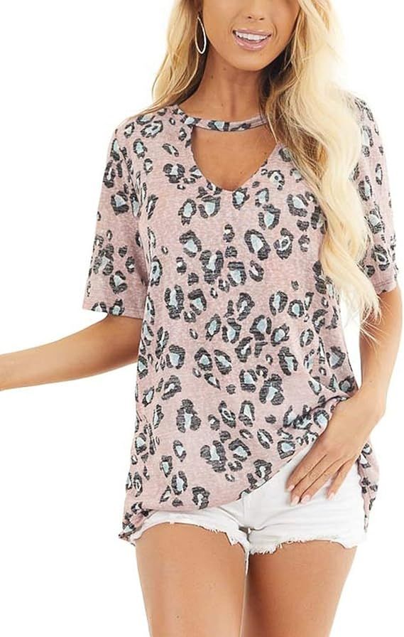 Blooming Jelly Women's Cute Leopard Print Tops Short Sleeve Choker V Neck Loose T Shirt | Amazon (US)