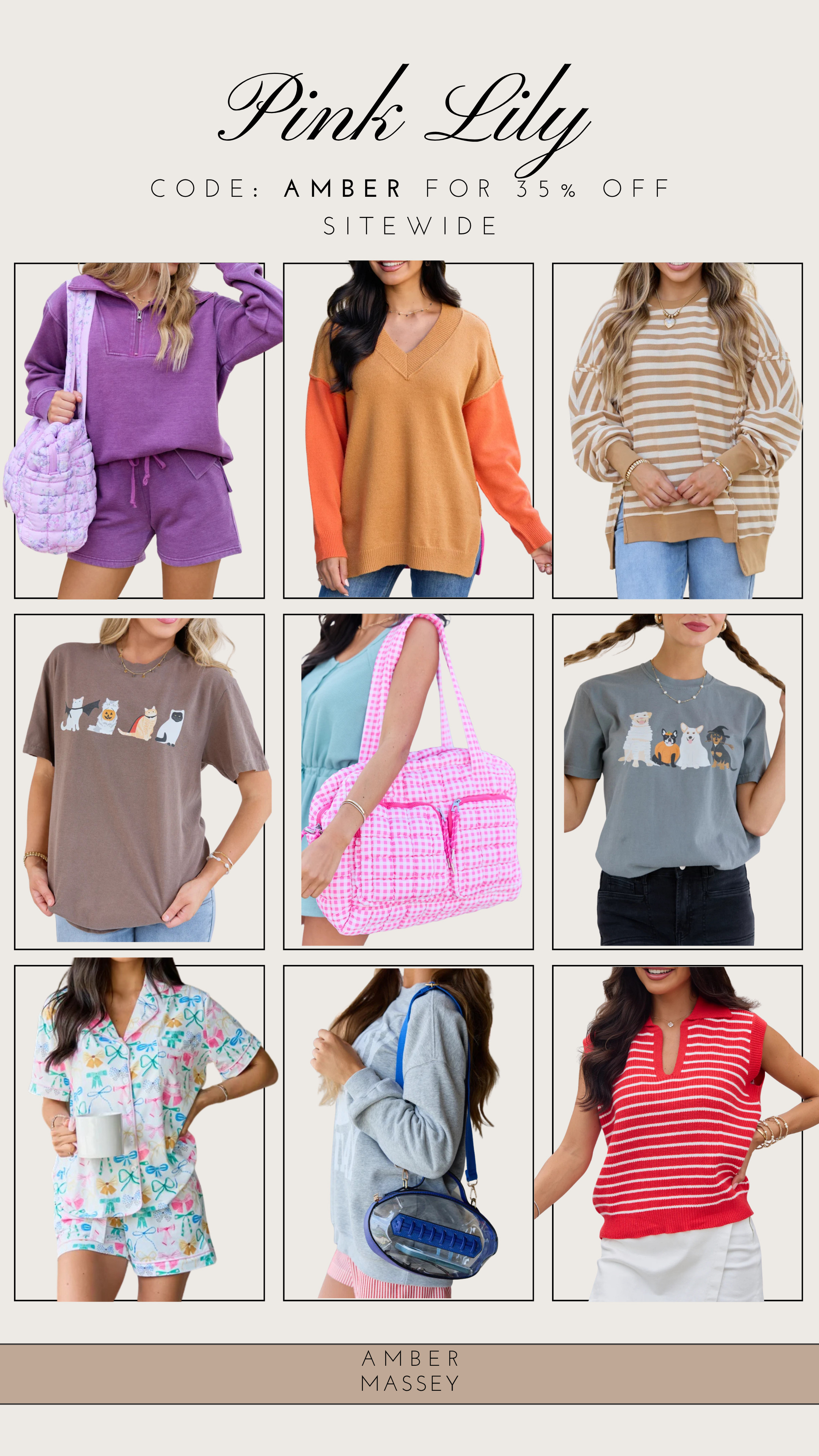 some of my favorites from pink lily pieces!! use my code "amber" for 35% off!!
fall sweaters, clear bags, graphic tee 

 #LTKgrwm #LTKootd