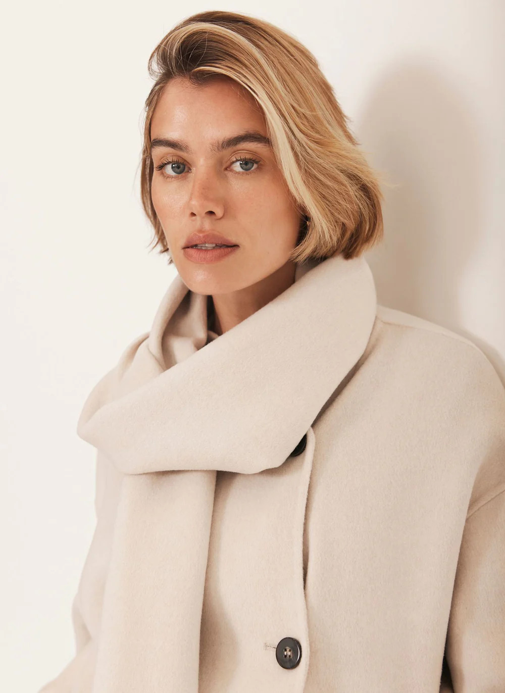 Neutral Wool Blend Hand Finished Scarf Coat | Mint Velvet