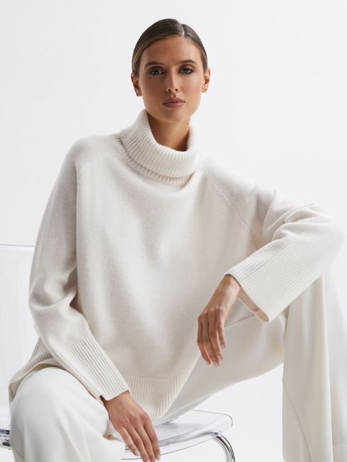 Reiss Cream Edina Relaxed Wool-Cashmere Blend Roll Neck Jumper | Reiss US