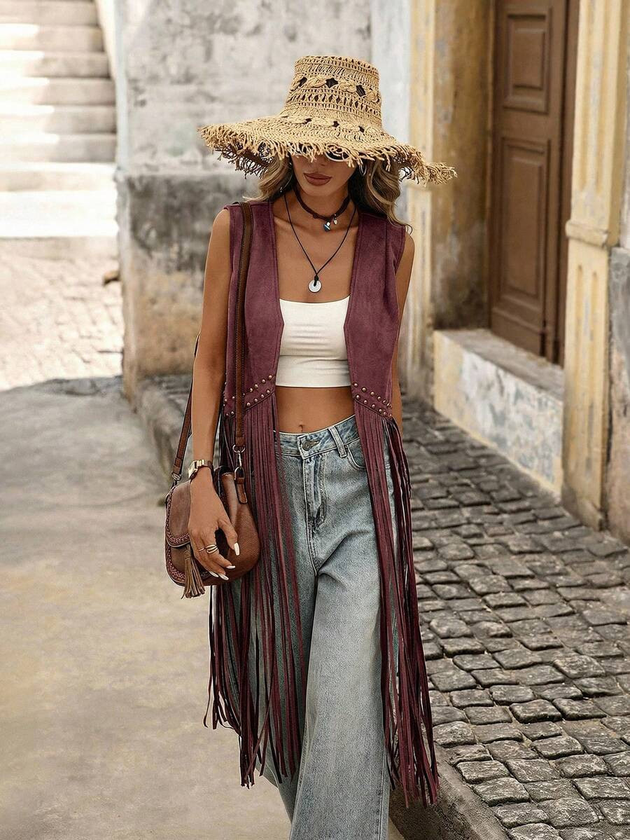 Brillora Studded Detail Fringe Hem Vest Coat In Fall/Winter,Wine Red Suede Fringed Sleeveless Lon... | SHEIN