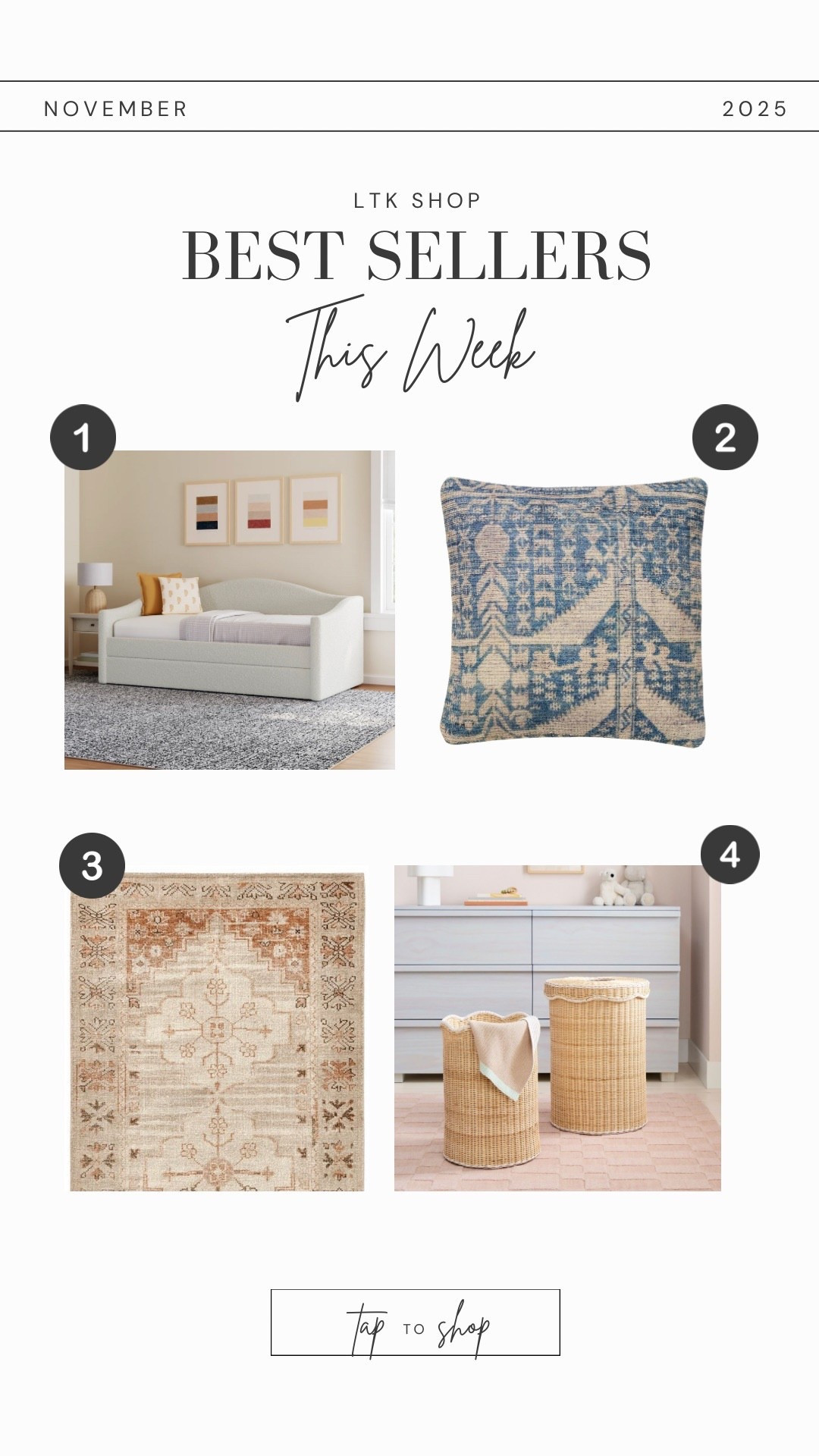 This weeks home decor best sellers include: the Aurelia Hand Knotted Wool Rug from Pottery Barn in the Flax color option, a set of 2 woven scalloped hampers from West Elm, and an upholstered daybed at only $300 from Wayfair! 

#LTKStyleTip #LTKBaby #LTKHome