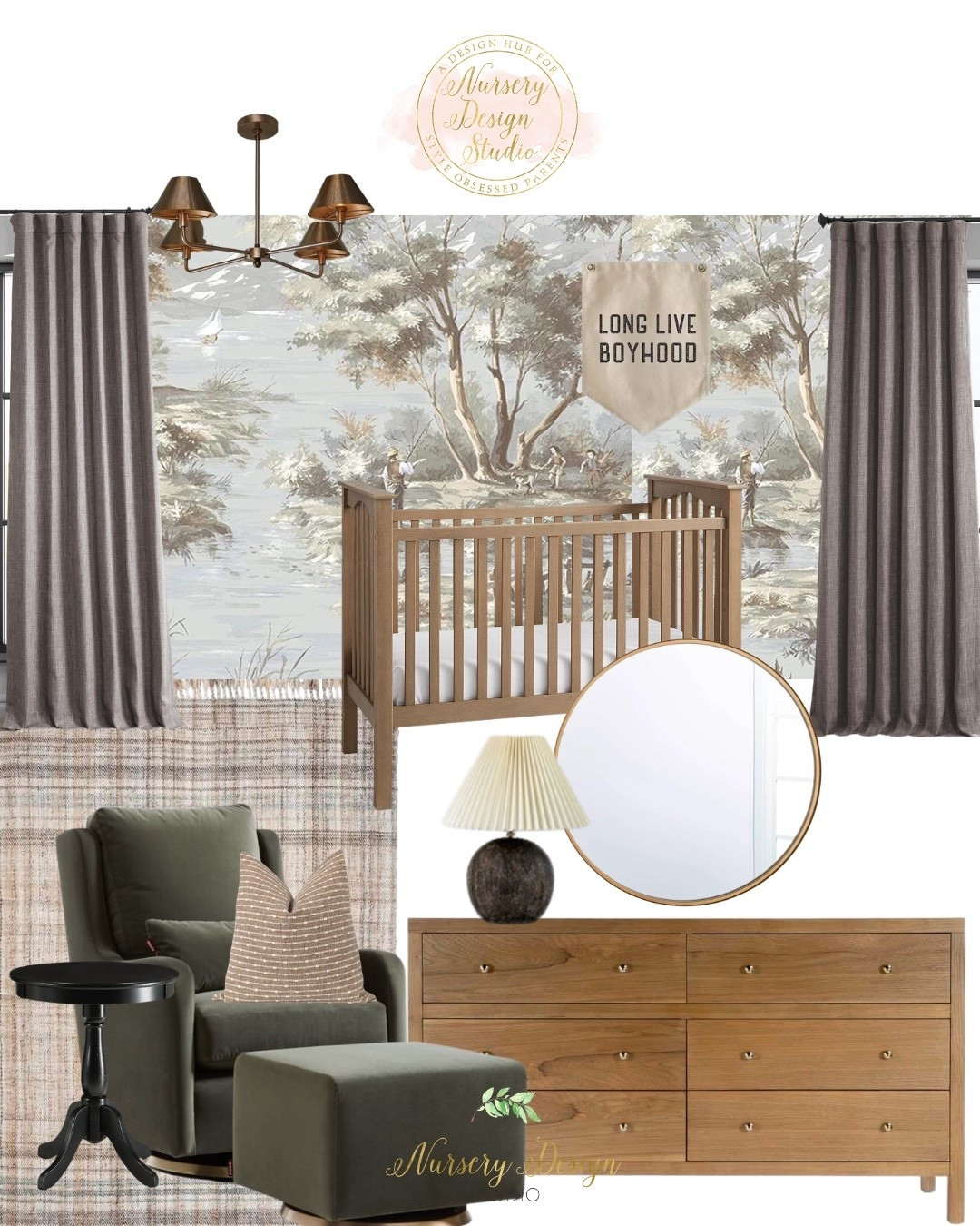 Looking for nursery pieces that will never feel trendy? Start with a timeless dresser and crib, layer in a statement mural, add rich olive seating, and finish with classic lighting and tailored textiles. These are the investment pieces we'd choose again and again.

#LTKBaby #LTKKids #LTKBump