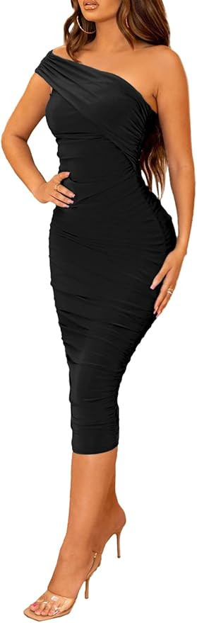 Halfword Sexy One Shoulder Midi Dress for Women Ruched Bodycon Drawstring Night Party Club Cockta... | Amazon (US)