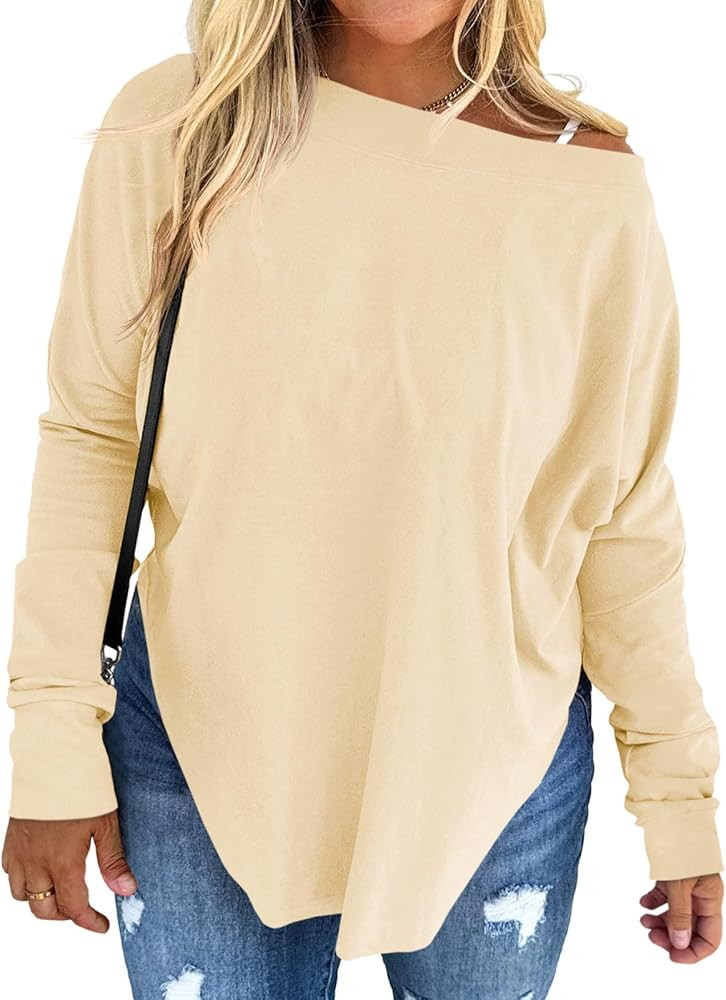 Beautife Women's Plus Size Tops Off Shoulder Long Sleeve Loose T Shirts Casual Curved Hem Tunics ... | Amazon (US)