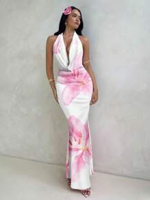 Aloruh Women's Elegant Vacation Full-Print Watercolor Lily Pattern Draped Neck Dress, Suitable Fo... | SHEIN