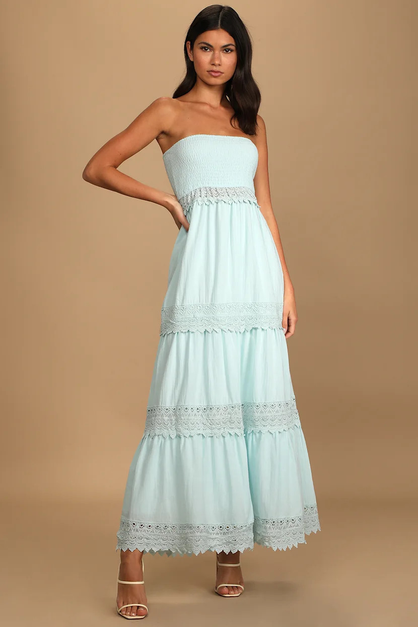 Season of Sunshine Light Blue Strapless Tiered Maxi Dress | Lulus