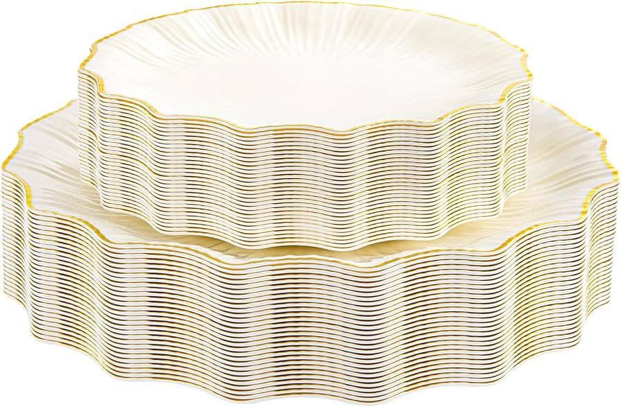 Rubtlamp 60Pcs Ivory Scalloped Gold Plastic Plates, Disposable Plates With Gold Rim, Heavyduty Pl... | Amazon (US)