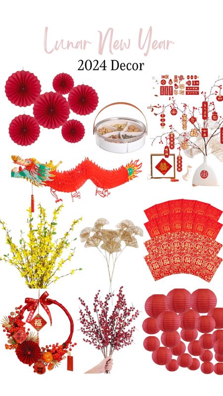 Lunar New Year 2024 Decor! 
Chinese new year decorations, paper lanterns, dragon envelopes, wreath, serving tray, artificial plants. 

#LTKfindsunder100 #LTKhome