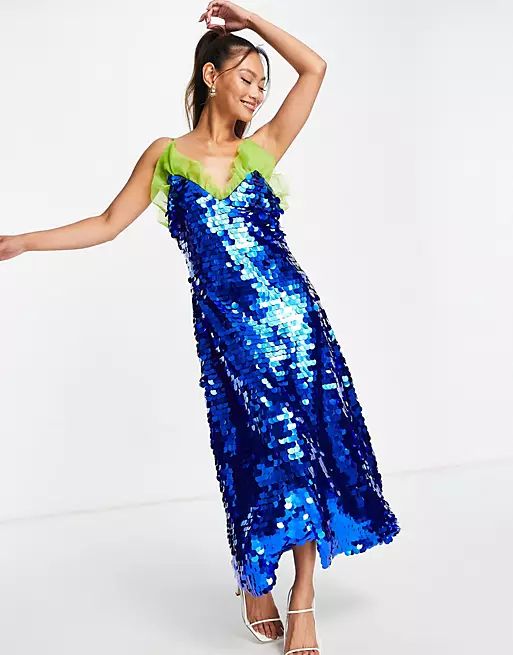 Lost Ink midi strappy dress in blue sequin with organza frill | ASOS (Global)