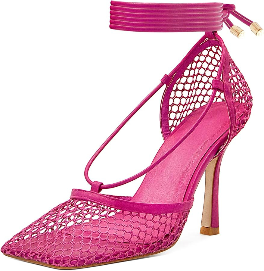 MUCCCUTE Square Toe Mesh Stiletto Heels for Women, Sexy Wrap Around Lace Up High-Heel Sandals Whi... | Amazon (US)