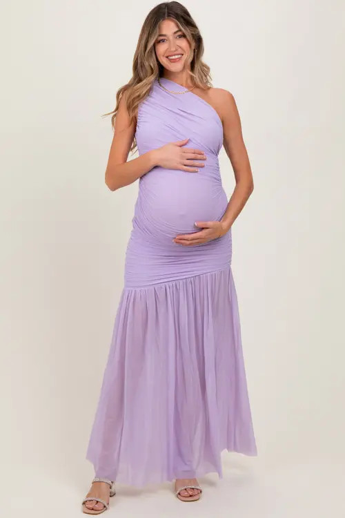PinkBlush Ruched Mesh One Shoulder Maxi Dress in Lavender at Nordstrom, Size Small | Nordstrom