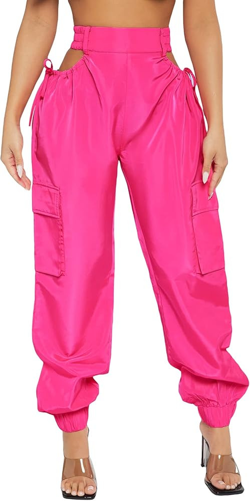 MakeMeChic Women's Cut Out High Waist Drawstring Side Jogger Cargo Pants with Pockets | Amazon (US)