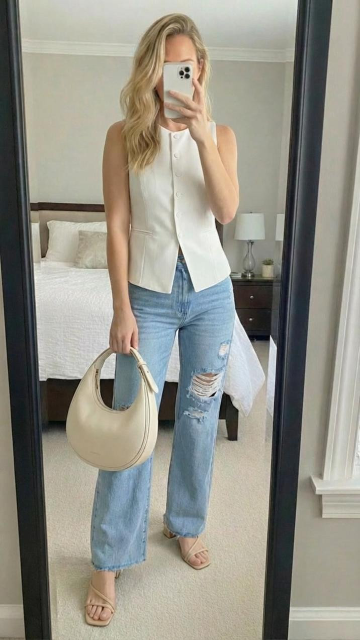🤍✨ THE VEST TREND IS EVERYTHING RIGHT NOW ✨🤍
Obsessed with how effortlessly cool this white tailored vest looks styled with distressed wide leg jeans 😍 It's giving clean girl, minimalist, European summer vibes all at once and I am HERE for it 🙌
The structured button front vest is such a versatile piece — dress it up or keep it casual like this! Finished with my cream crescent bag and strappy nude sandals for the perfect neutral look 🤍
🔗 All linked in my LTK! Tap to shop 👆

✨ KEYWORDS ✨
white vest | tailored vest | waistcoat outfit | vest trend 2026 | spring vest | white waistcoat | button front vest | structured vest | clean girl aesthetic | minimalist outfit | neutral outfit | all neutral look | wide leg jeans | distressed jeans | light wash jeans | baggy jeans outfit | white and denim | jeans and vest outfit | cream crescent bag | hobo bag | shoulder bag | nude sandals | strappy sandals | square toe heels | spring OOTD | casual chic | effortless style | European summer style | elevated casual | spring outfit inspo | simple outfits | capsule wardrobe | OOTD | spring fashion 2026 

 