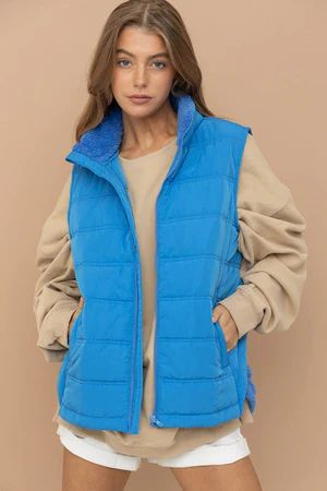 REORDER: Puffer Quilted Fleece Mix Zip Up Vest: French Blue | Shophopes